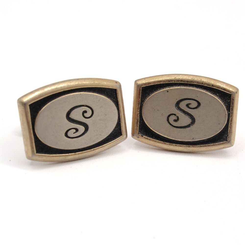 Vintage Hickok USA Cufflinks Monogram "S" Gold Tone Black Enamel Mid Century MCM